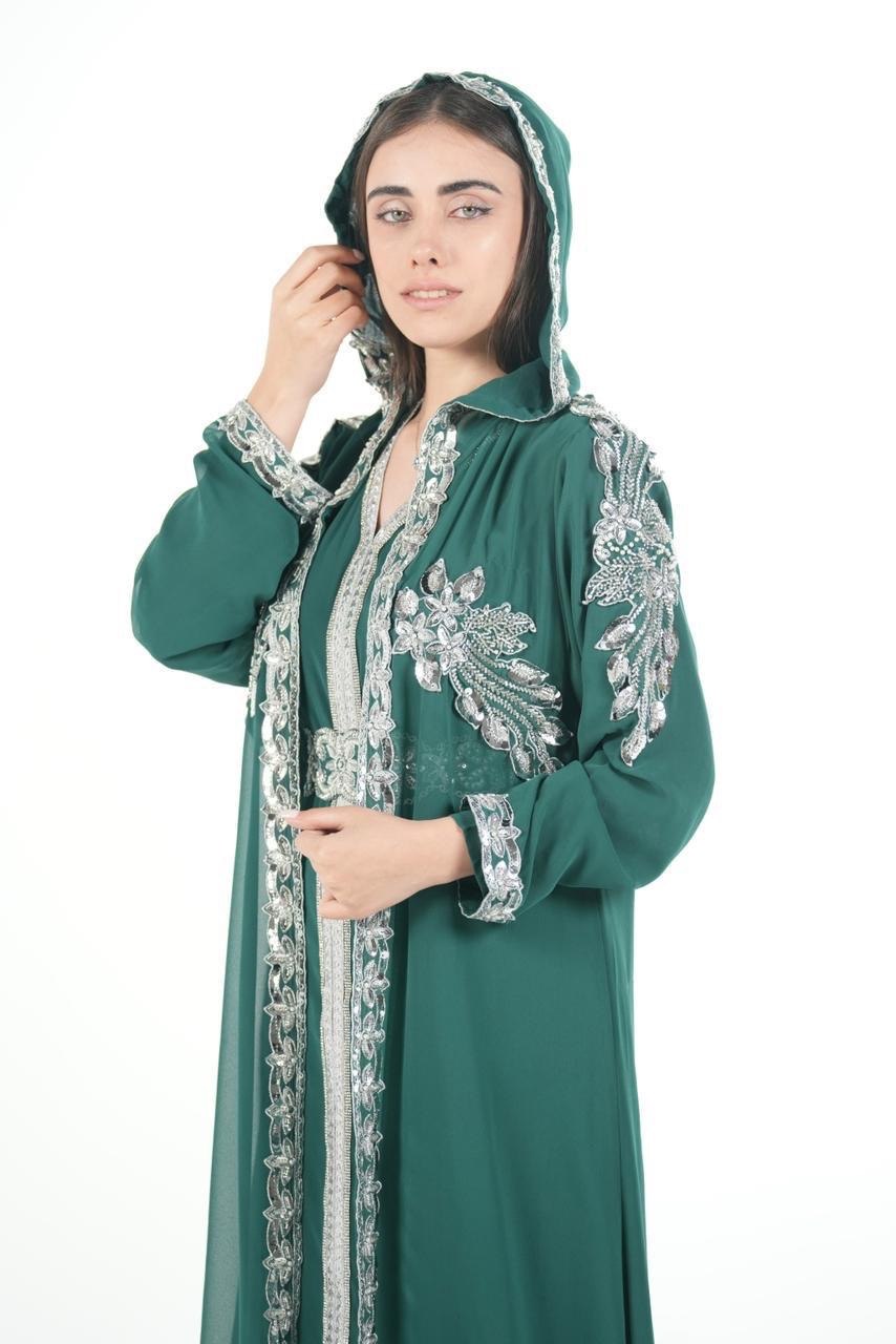 Embroidered Chiffon Jalabiya with Hood and Belt