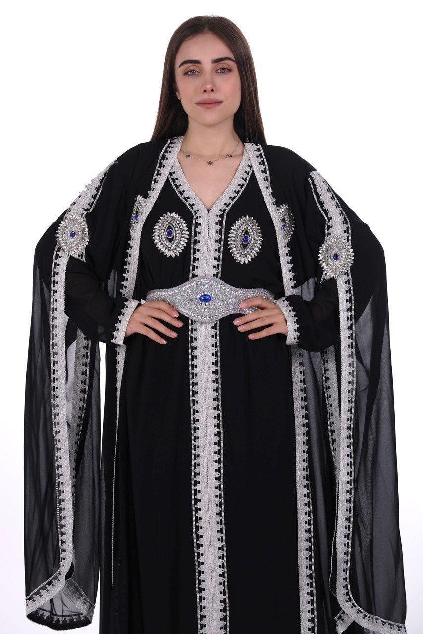 Crystal Embroidered Jalabiya with Long Sleeves and Belt