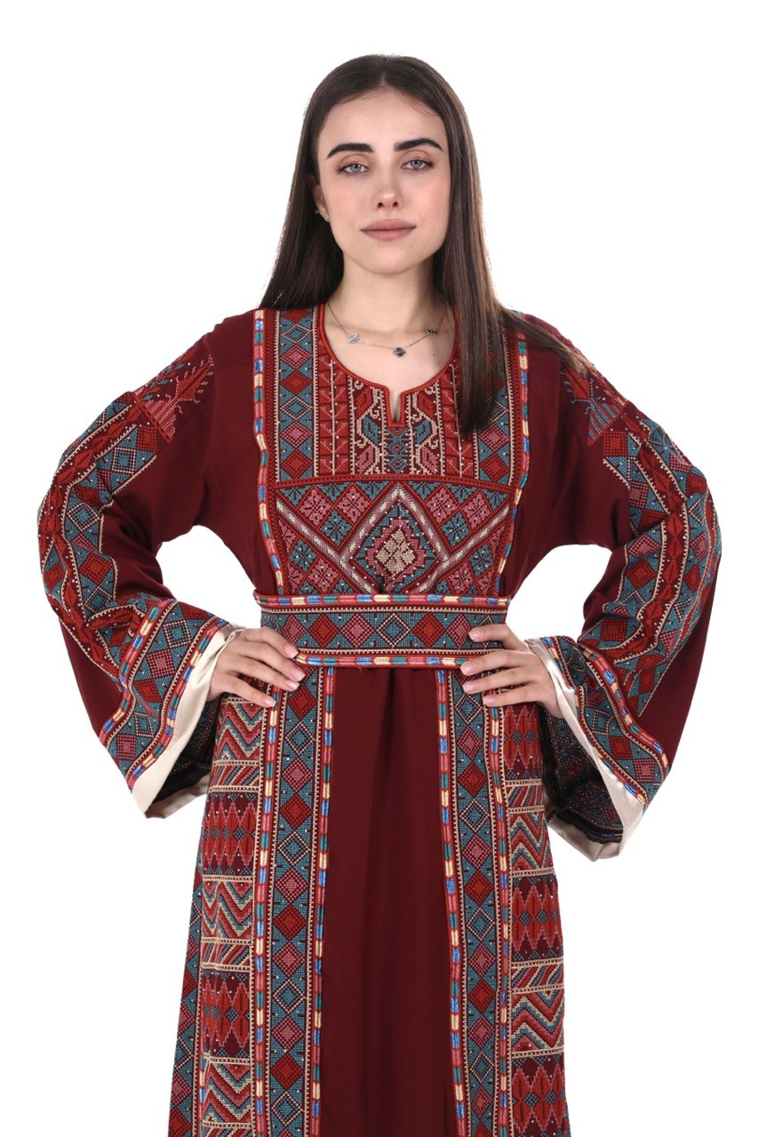 Embroidered Palestinian Linen Thobe with Satin Details