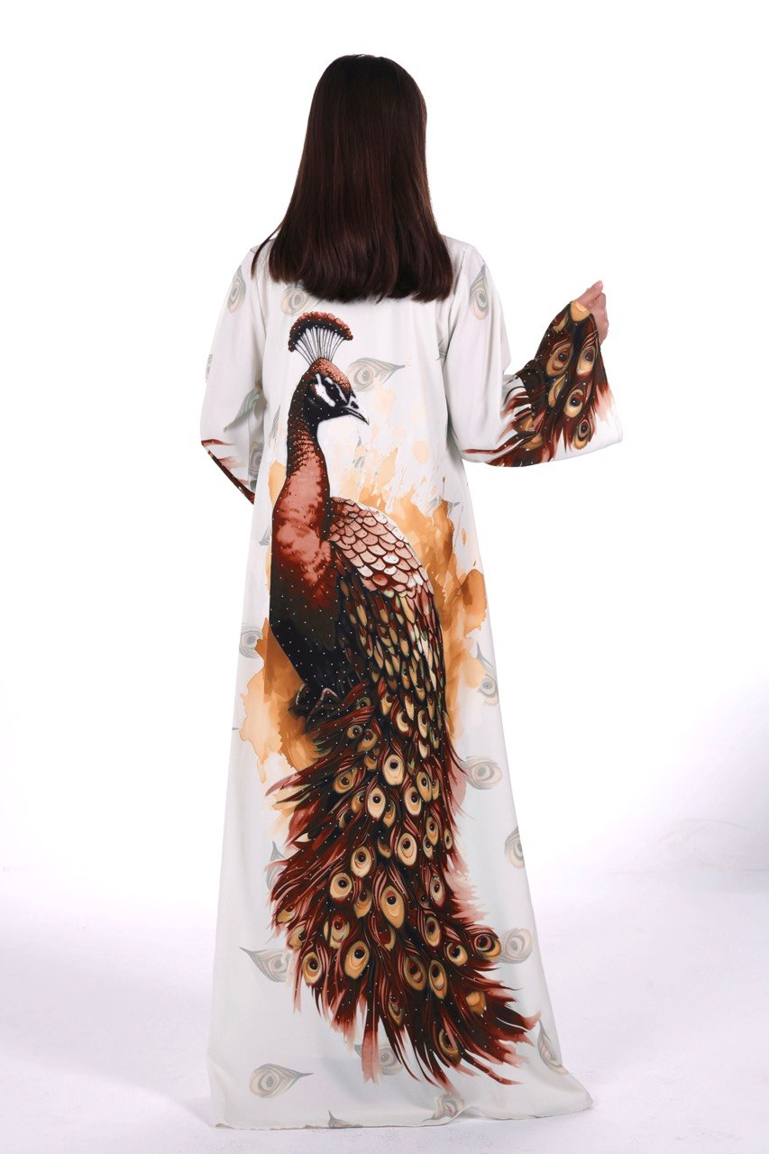 Peacock Print Chiffon Jalabiya – Soft Elegance with an Artistic Touch
