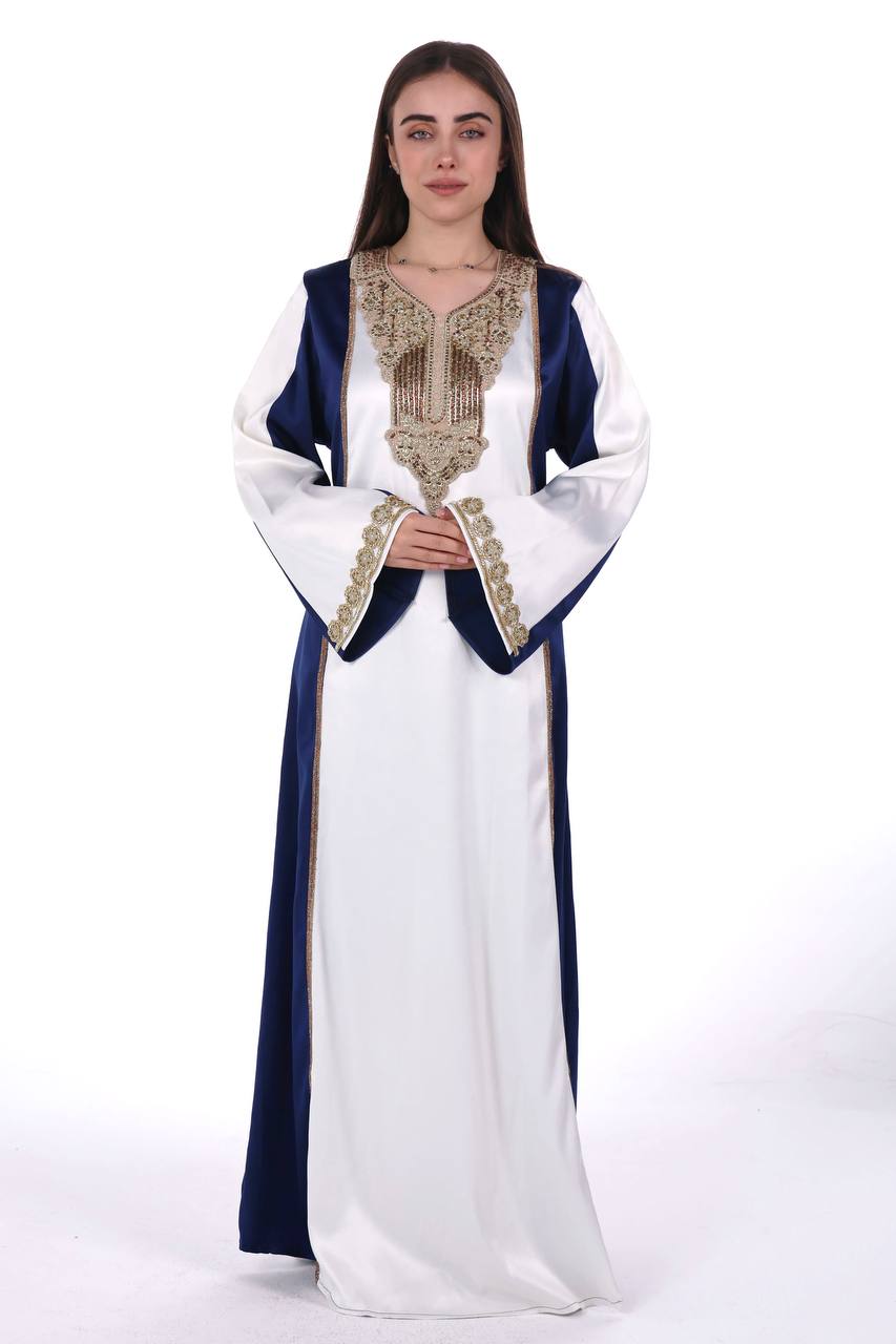 Two-Tone Satin Jalabiya with Hand-Embroidered Detailing