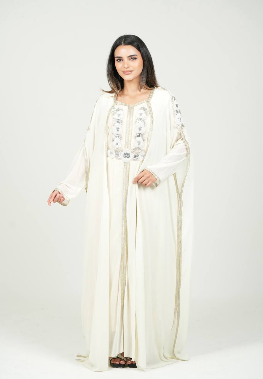 Embroidered Chiffon Kaftan with Sequin Details and Belt