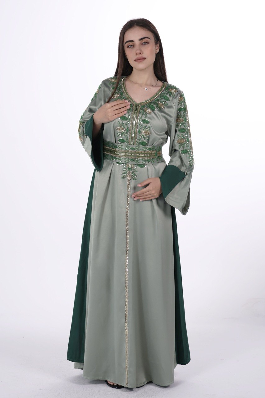 Hand-worked Satin Jalabiya with Contrast Details and Belt