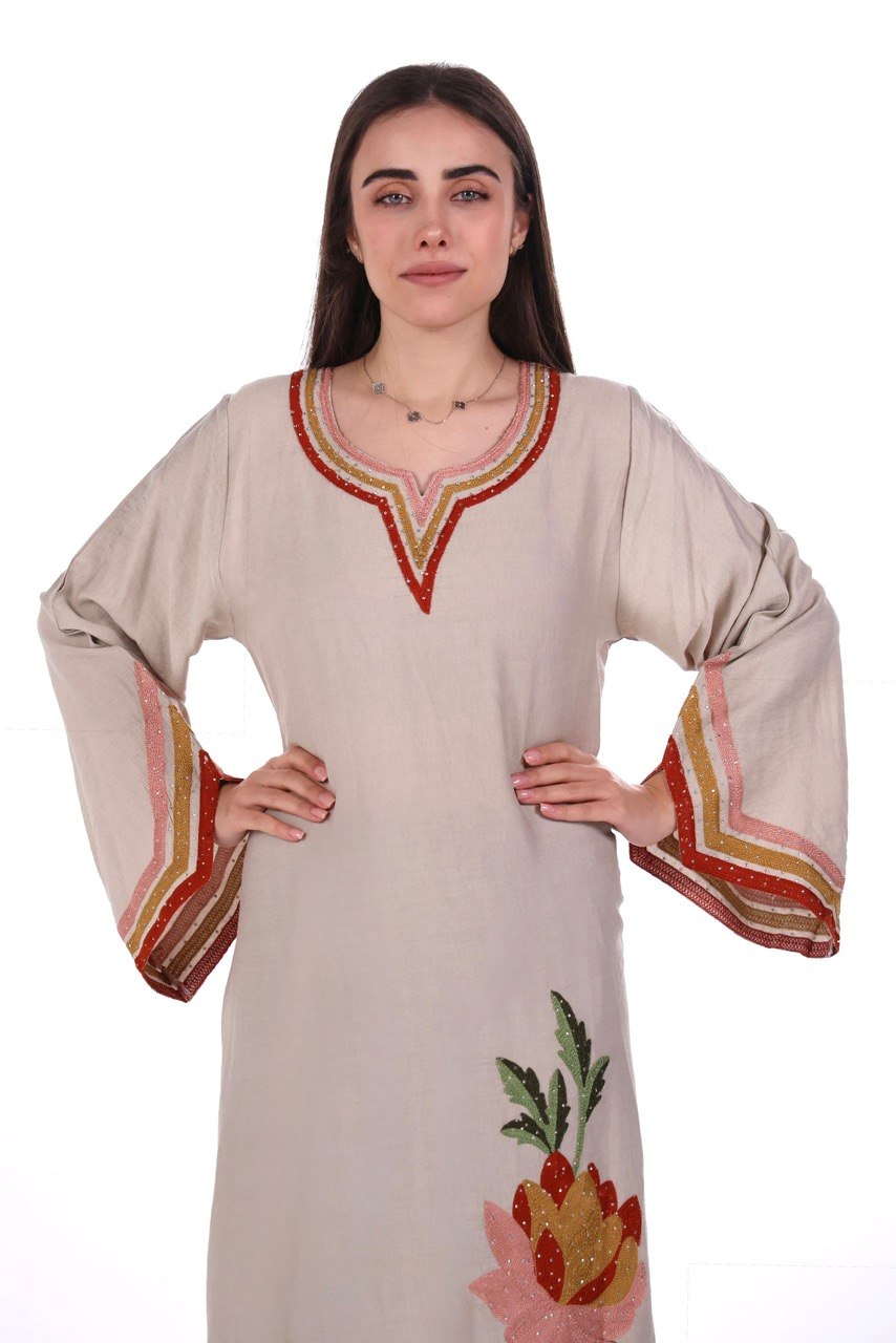 Linen Jalabiya with Artistic Floral Embroidery