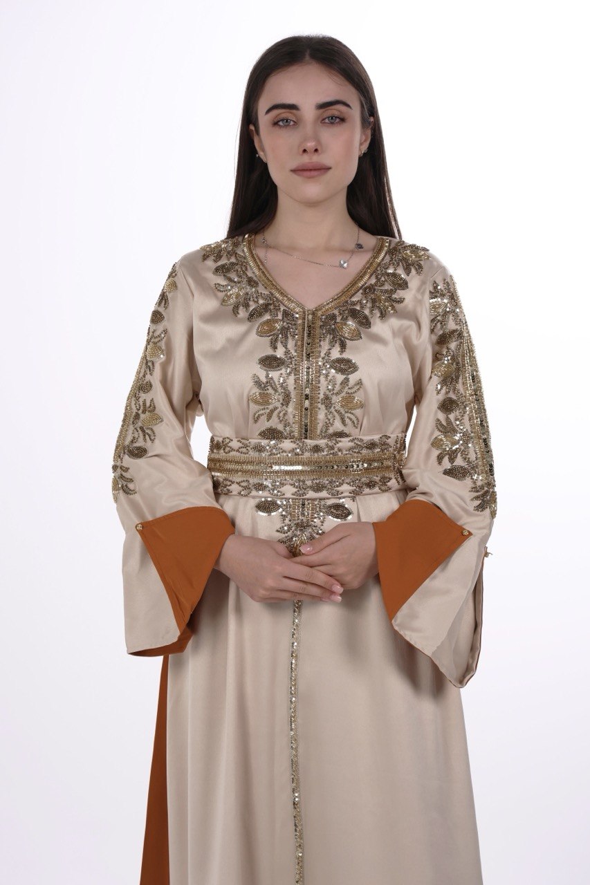Hand-worked Satin Jalabiya with Contrast Details and Belt
