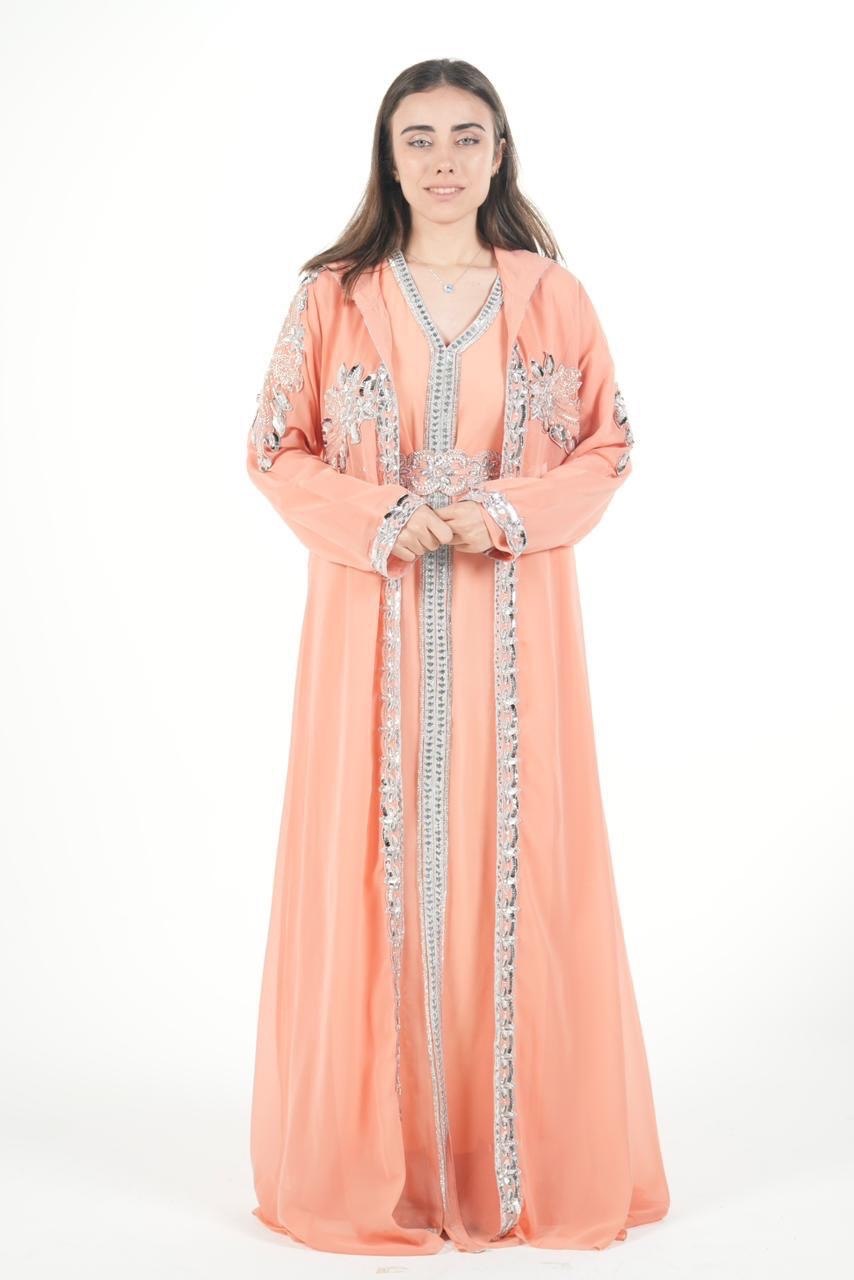 Embroidered Chiffon Jalabiya with Hood and Belt