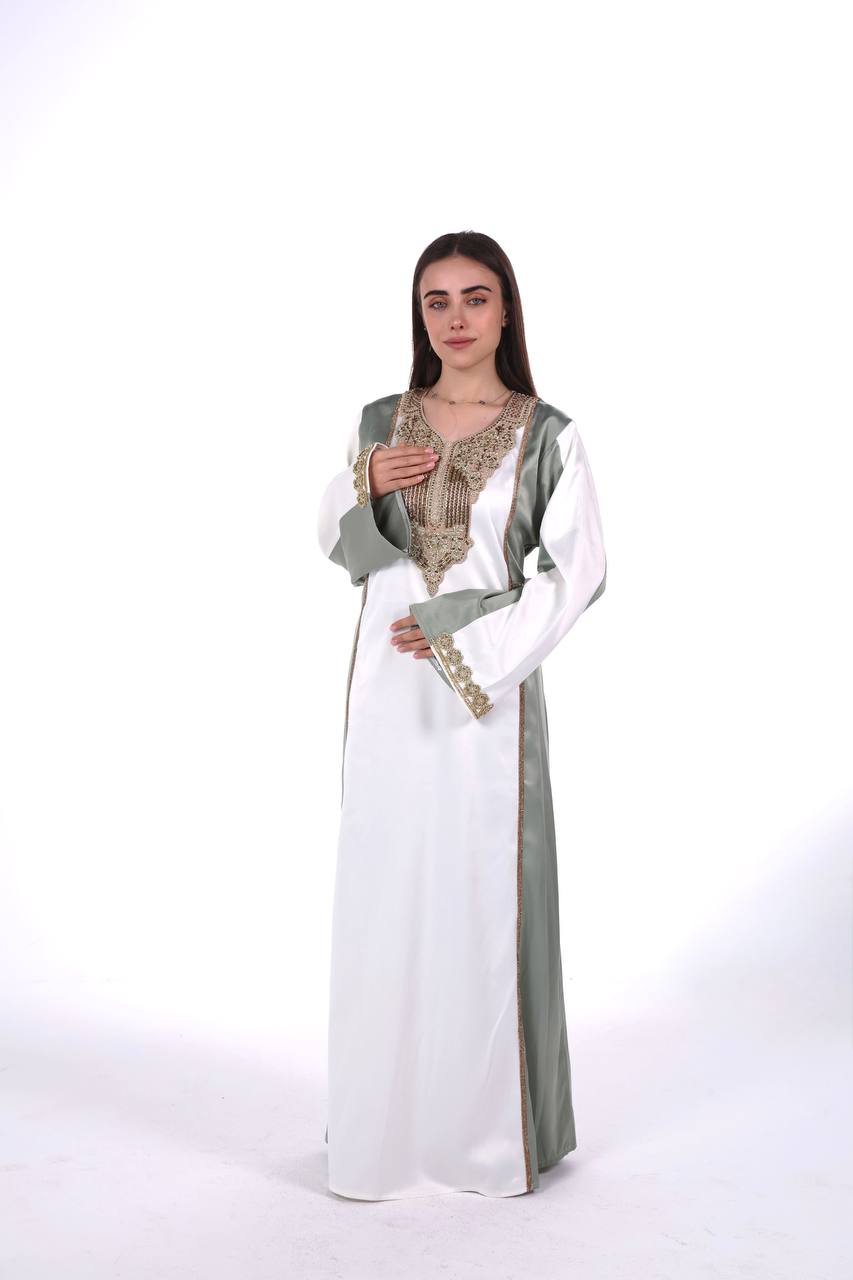 Two-Tone Satin Jalabiya with Hand-Embroidered Detailing