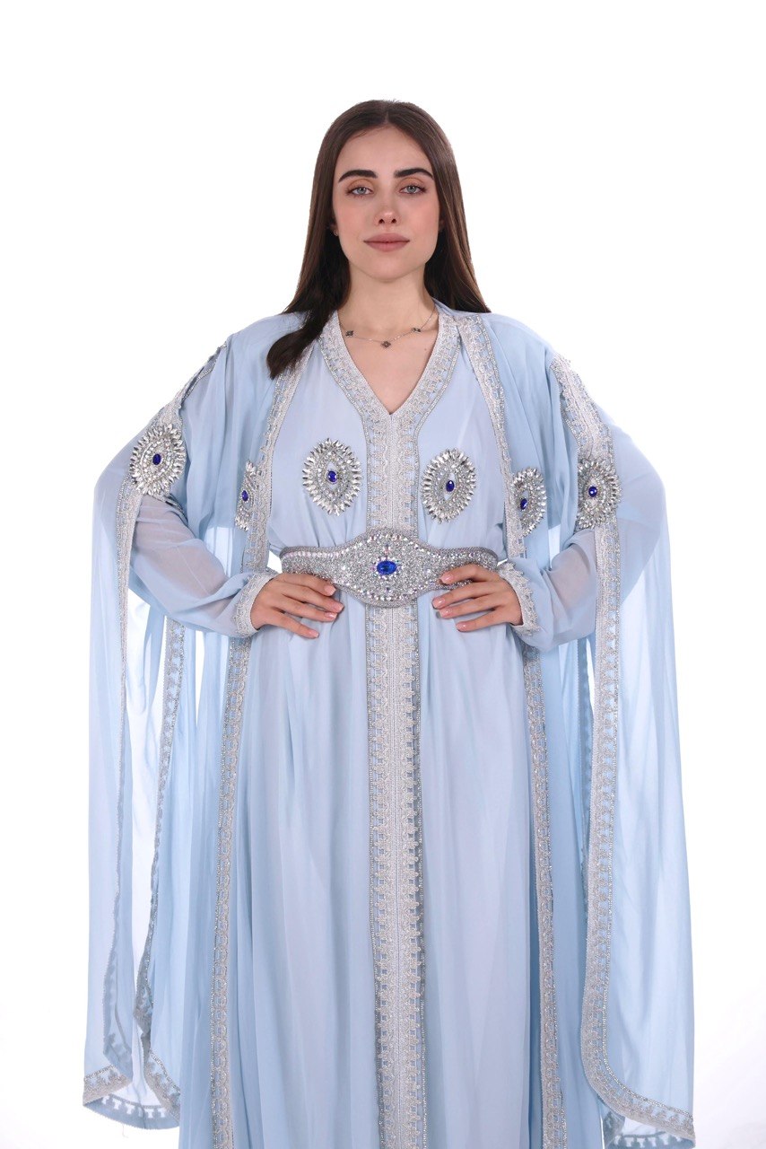 Crystal Embroidered Jalabiya with Long Sleeves and Belt