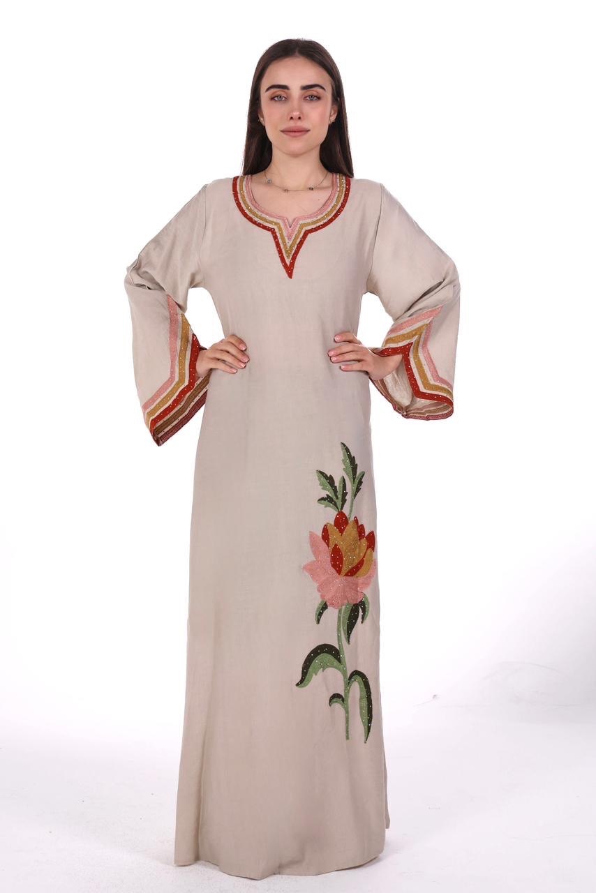 Linen Jalabiya with Artistic Floral Embroidery