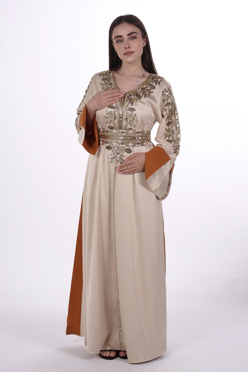 Hand-worked Satin Jalabiya with Contrast Details and Belt