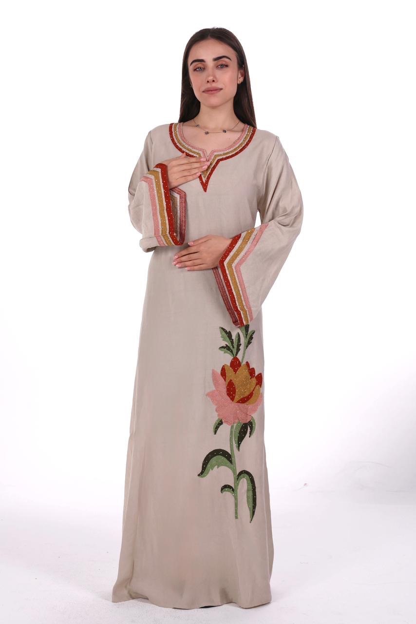 Linen Jalabiya with Artistic Floral Embroidery