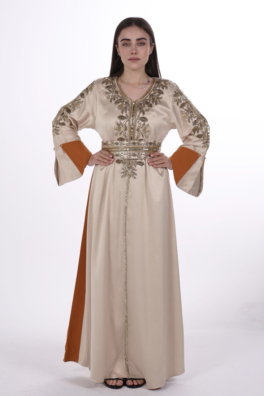 Hand-worked Satin Jalabiya with Contrast Details and Belt