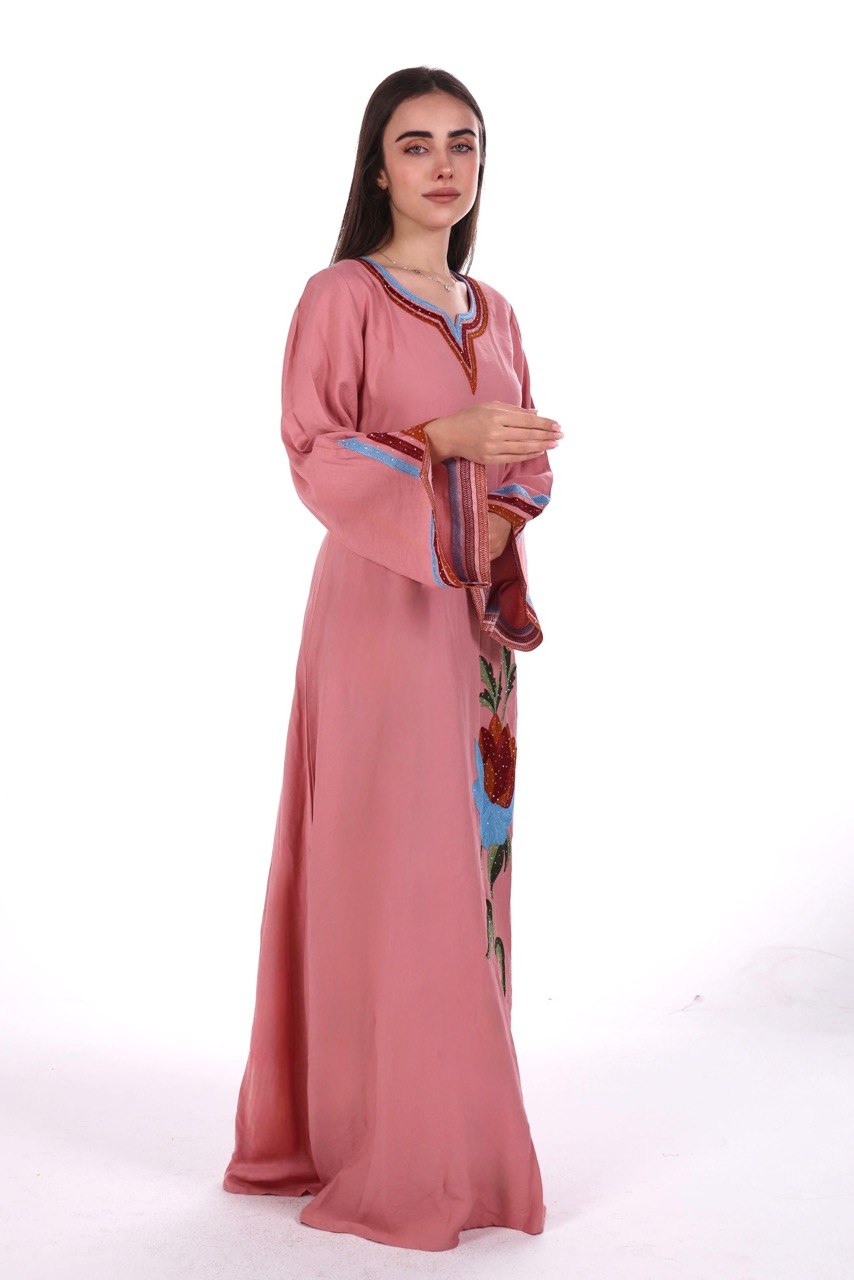 Linen Jalabiya with Artistic Floral Embroidery