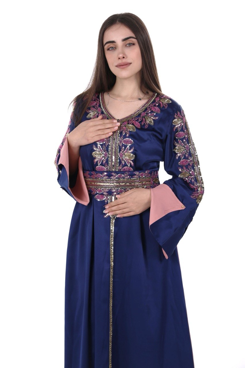 Hand-worked Satin Jalabiya with Contrast Details and Belt