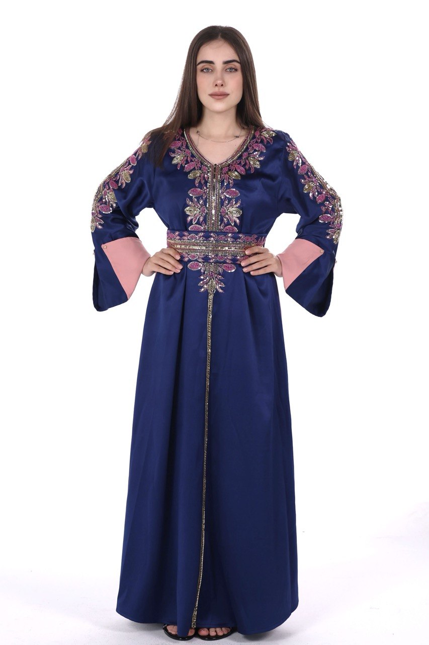 Hand-worked Satin Jalabiya with Contrast Details and Belt