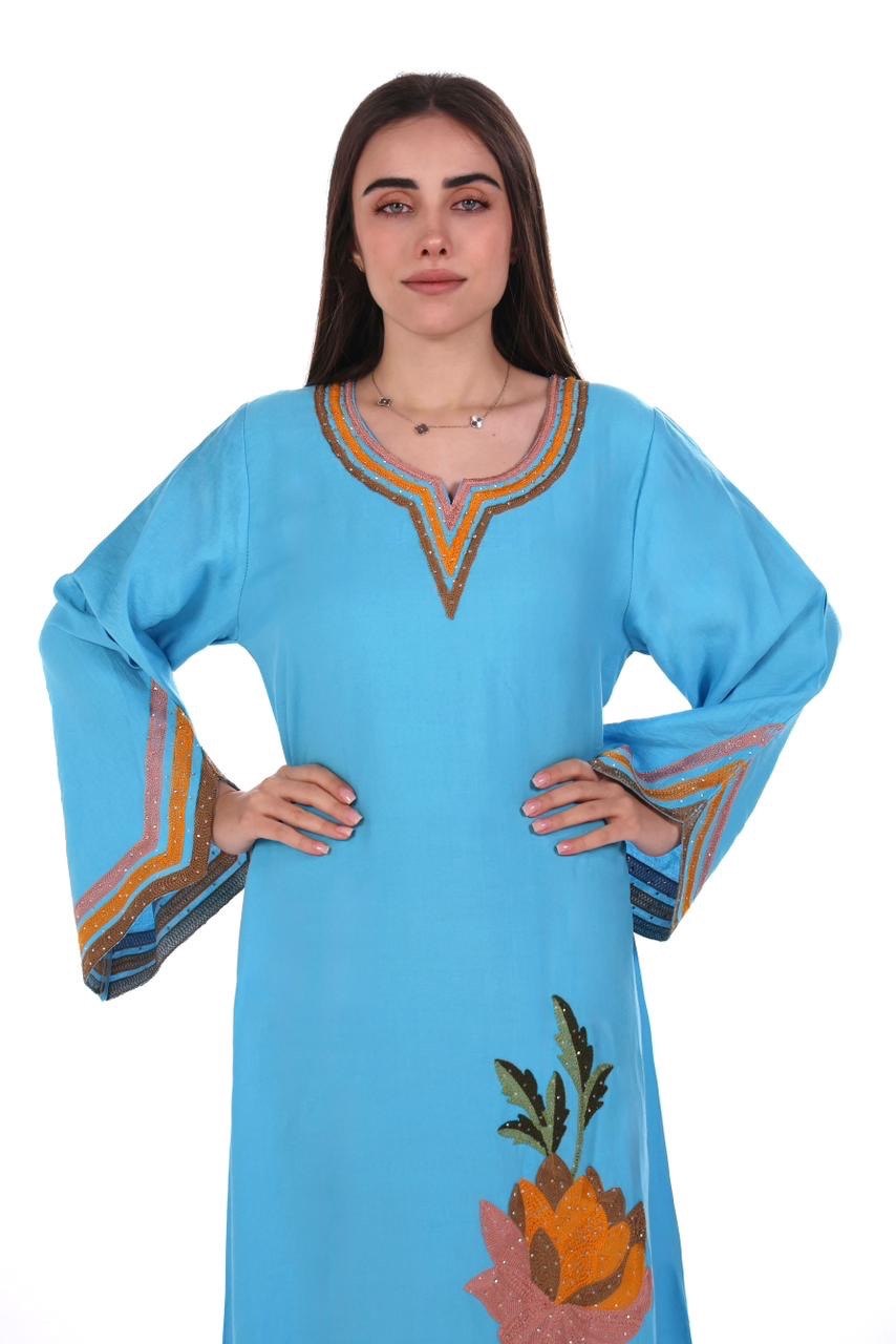 Linen Jalabiya with Artistic Floral Embroidery