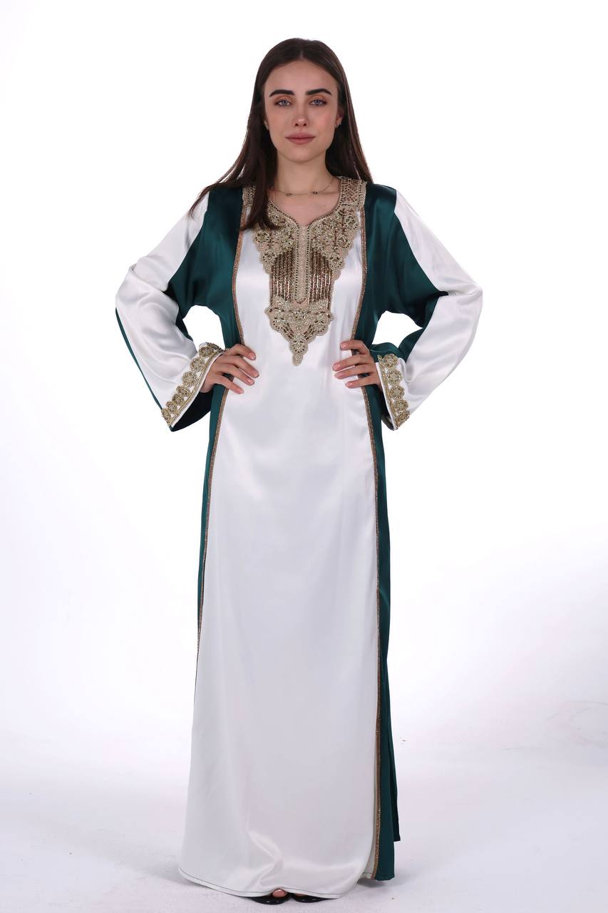 Two-Tone Satin Jalabiya with Hand-Embroidered Detailing