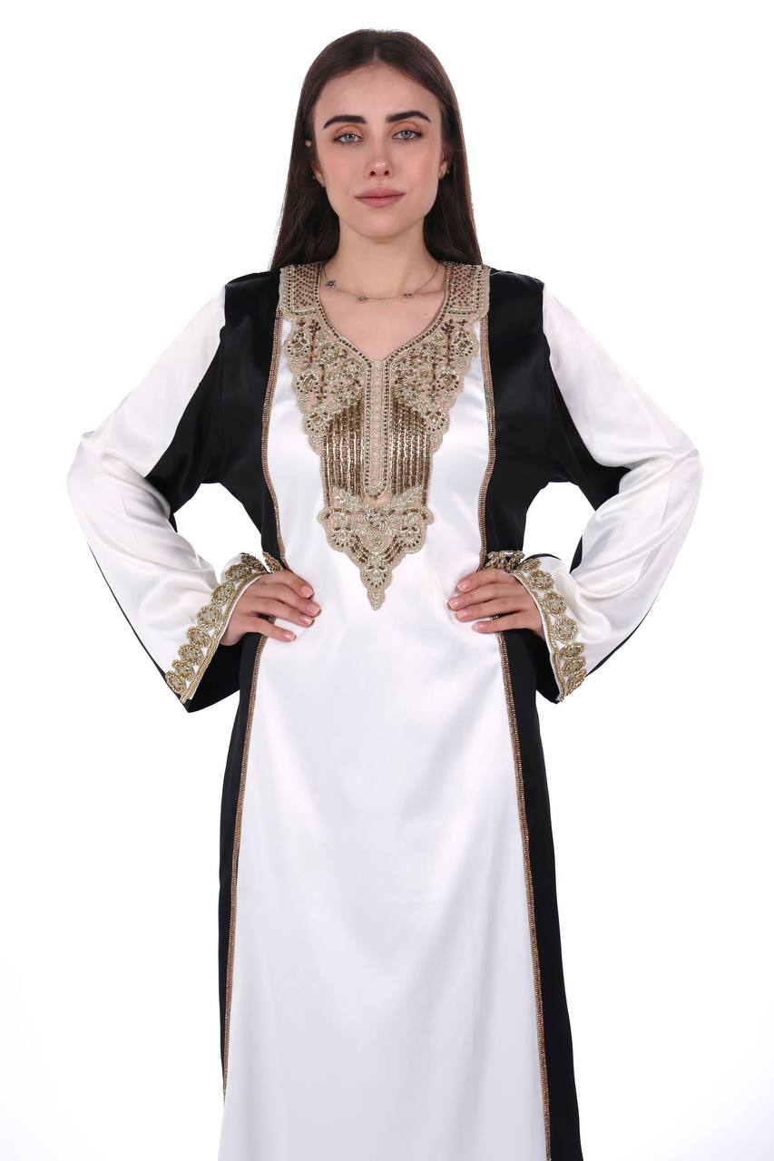 Two-Tone Satin Jalabiya with Hand-Embroidered Detailing