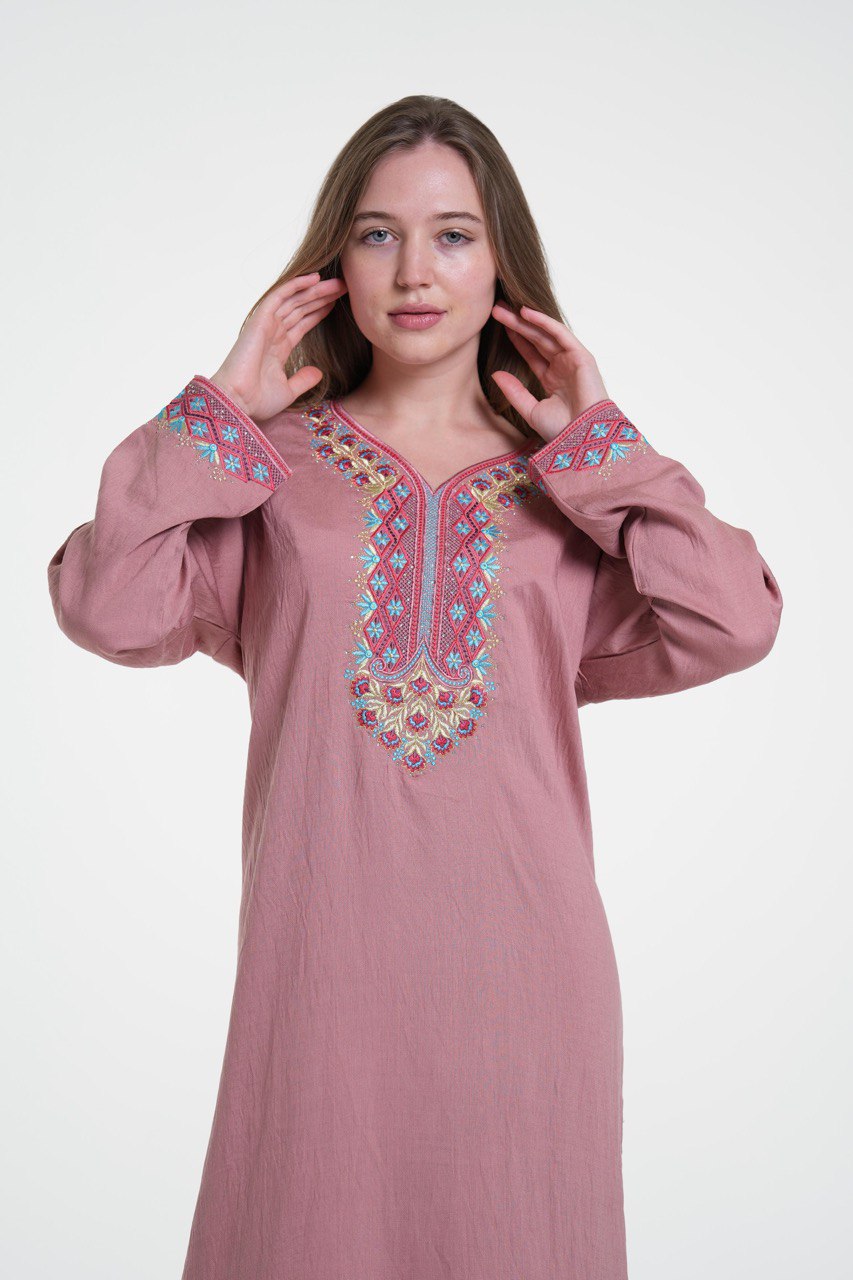 Embroidered Cotton Linen Jalabiya with Strass Detail