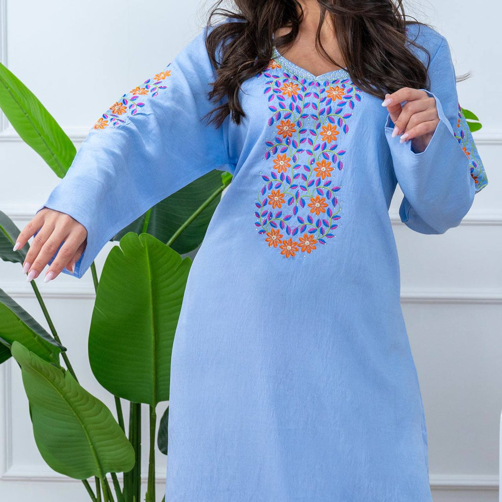 جلابية قطن كتان مطرزة