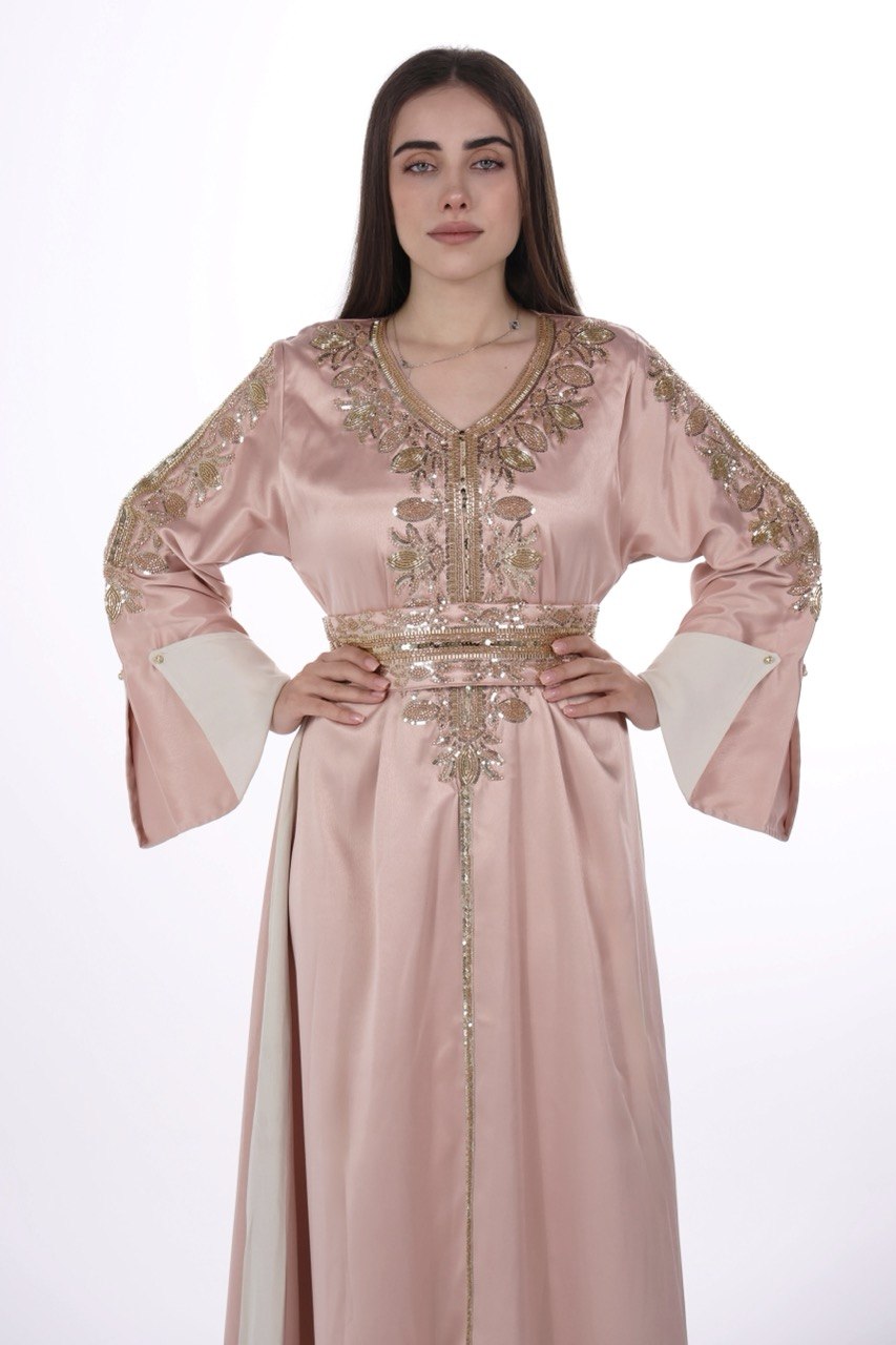 Hand-worked Satin Jalabiya with Contrast Details and Belt