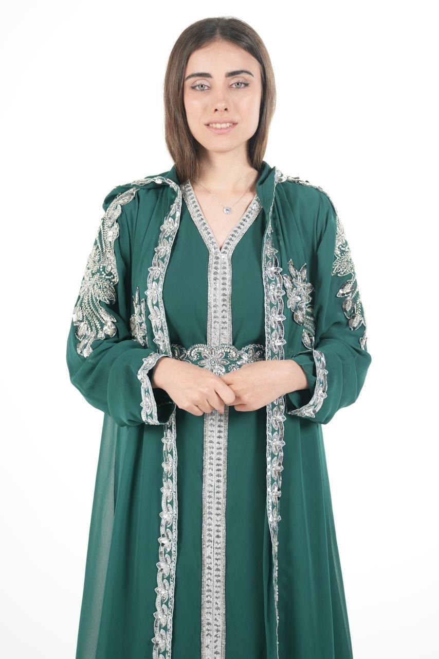 Embroidered Chiffon Jalabiya with Hood and Belt
