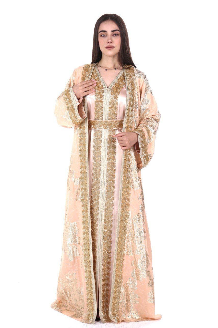 Hand-worked Brocade Satin Kaftan with Belt
