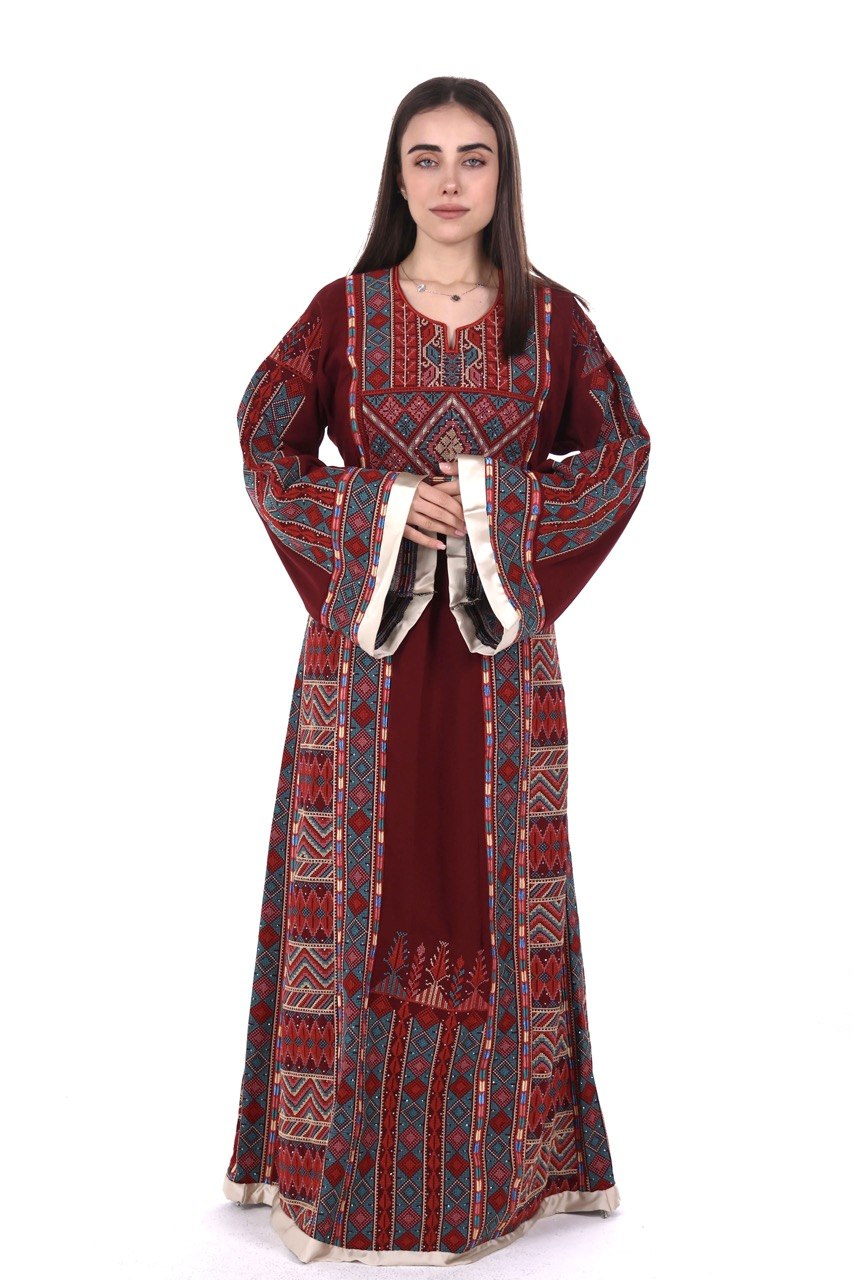 Embroidered Palestinian Linen Thobe with Satin Details