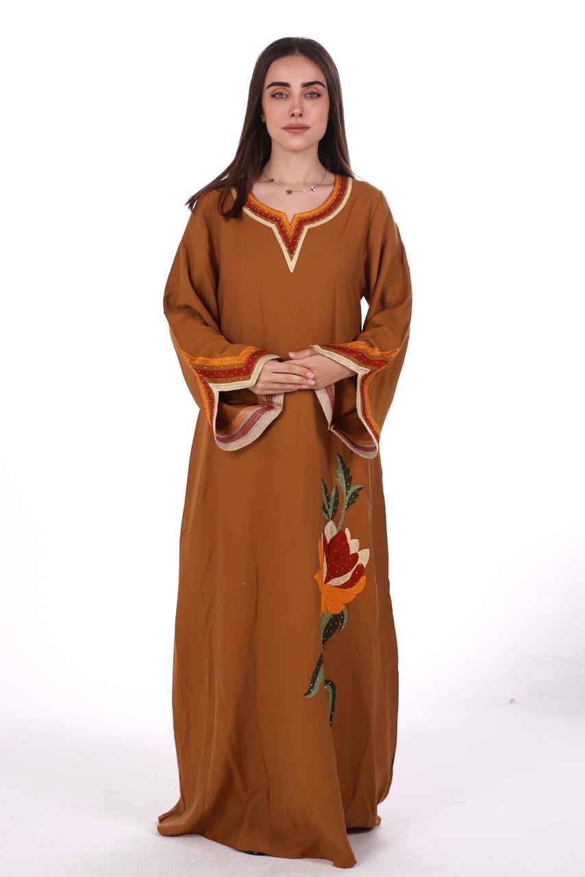 Linen Jalabiya with Artistic Floral Embroidery