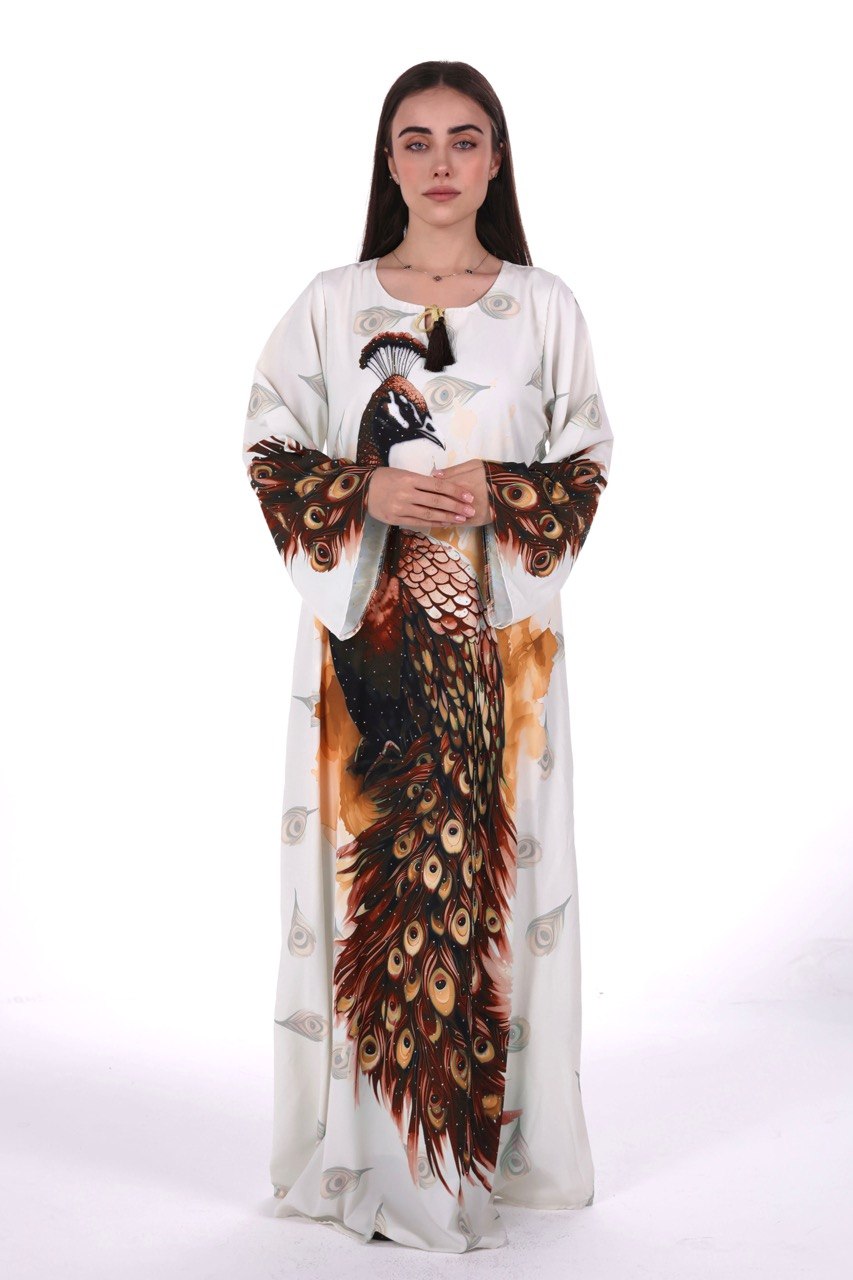 Peacock Print Chiffon Jalabiya – Soft Elegance with an Artistic Touch