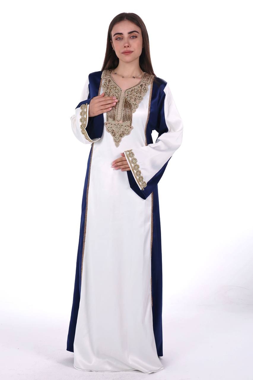 Two-Tone Satin Jalabiya with Hand-Embroidered Detailing