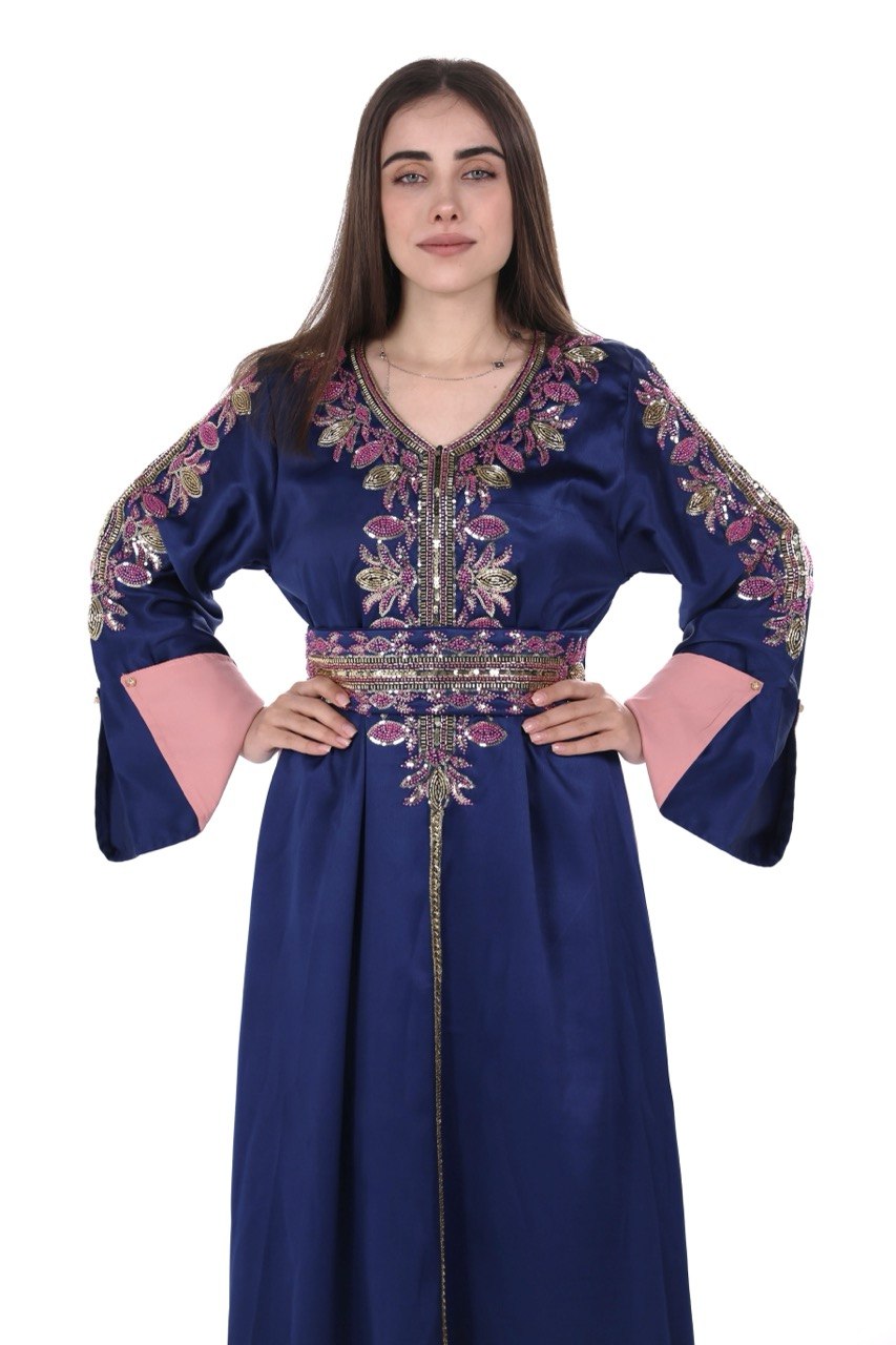 Hand-worked Satin Jalabiya with Contrast Details and Belt