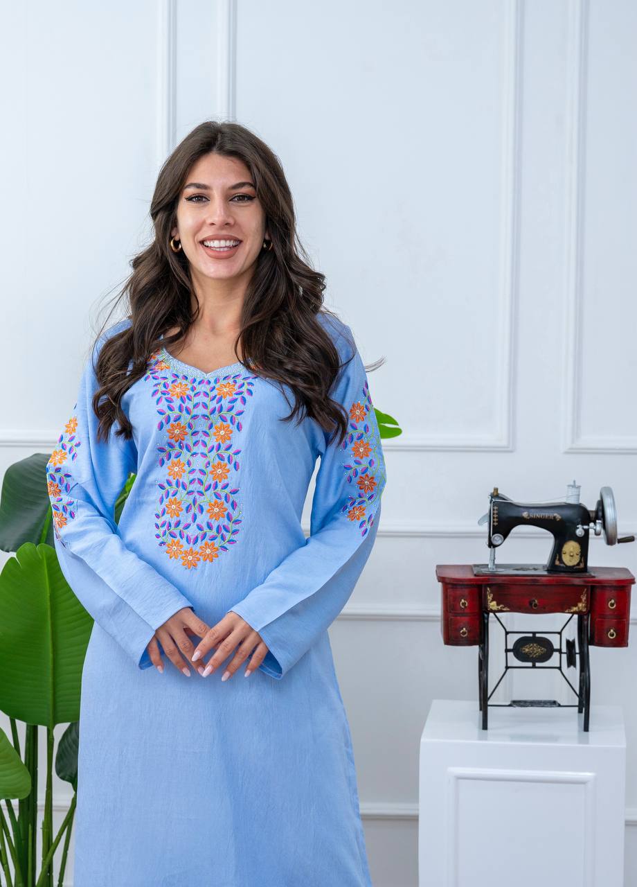 جلابية قطن كتان مطرزة