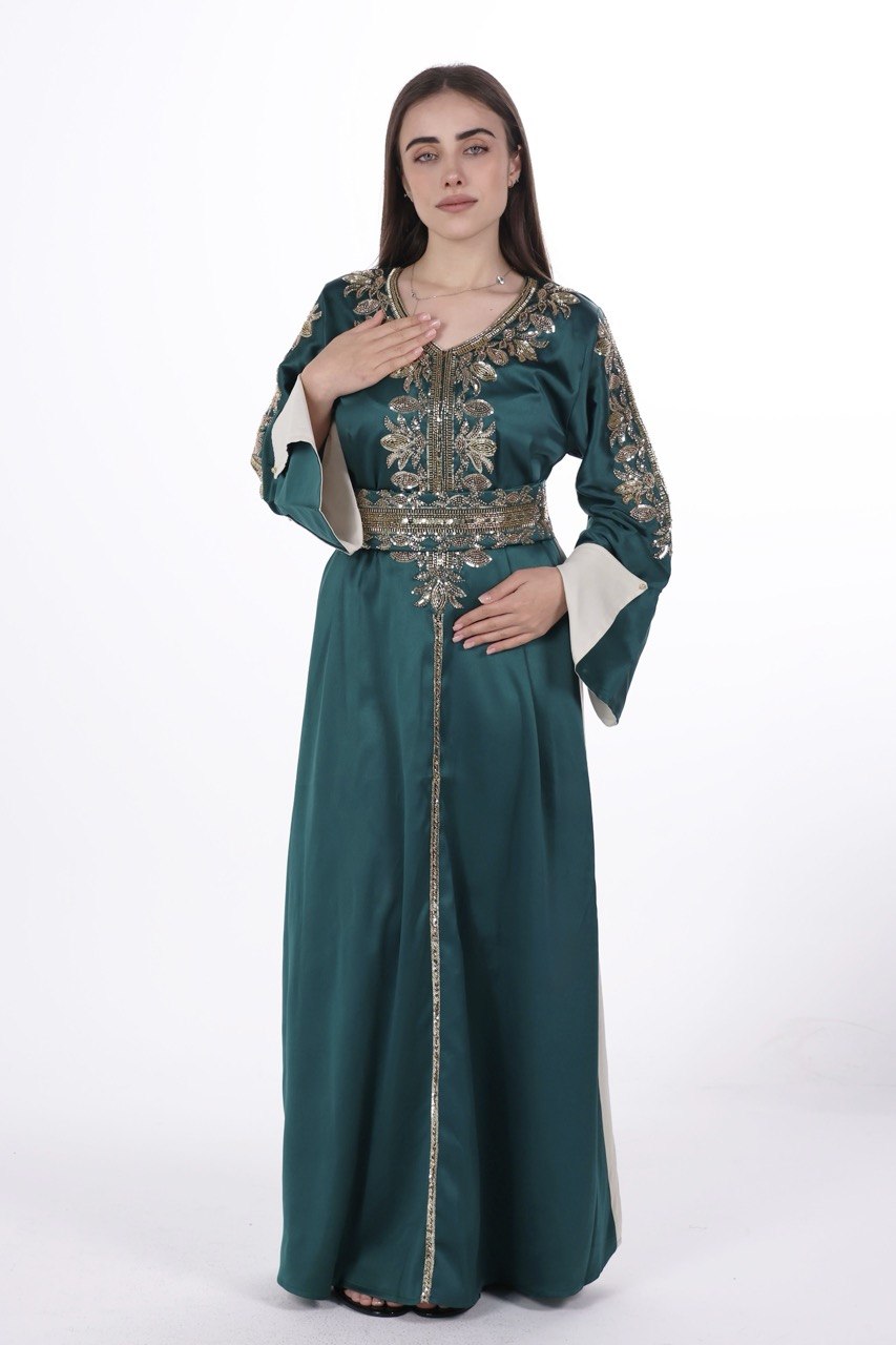 Hand-worked Satin Jalabiya with Contrast Details and Belt