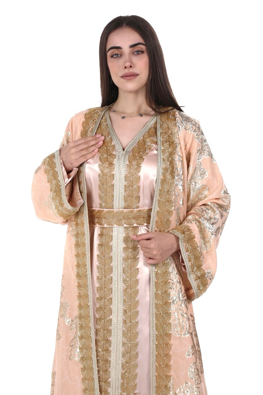Hand-worked Brocade Satin Kaftan with Belt