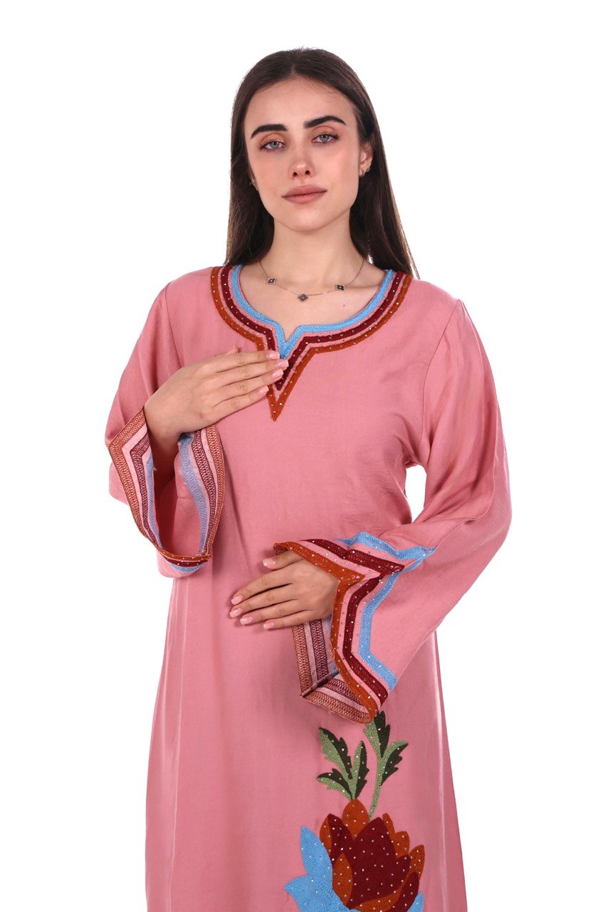 Linen Jalabiya with Artistic Floral Embroidery