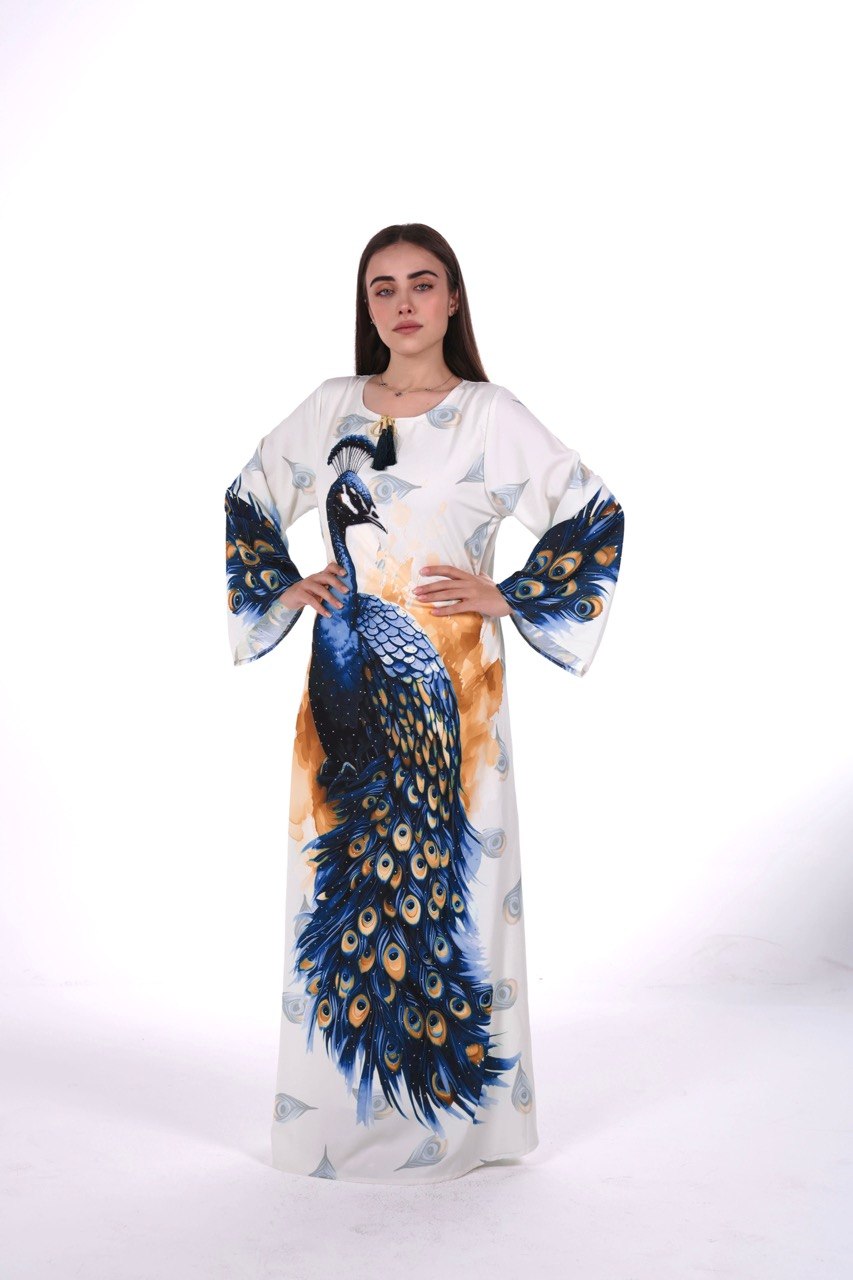 Peacock Print Chiffon Jalabiya – Soft Elegance with an Artistic Touch