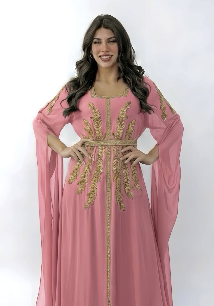 Majestic Chiffon Kaftan with Hand-Worked Gold Artistry