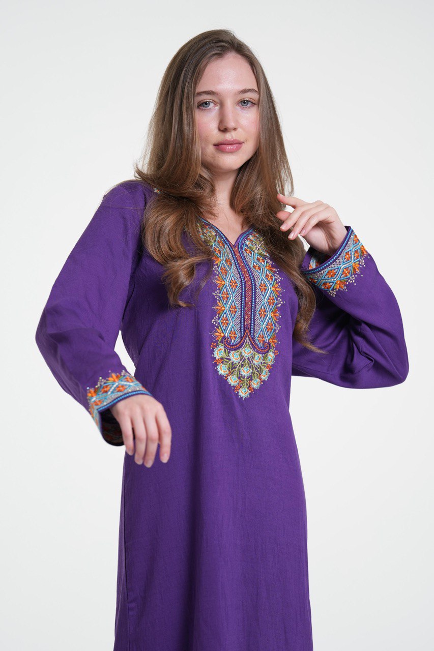 Embroidered Cotton Linen Jalabiya with Strass Detail
