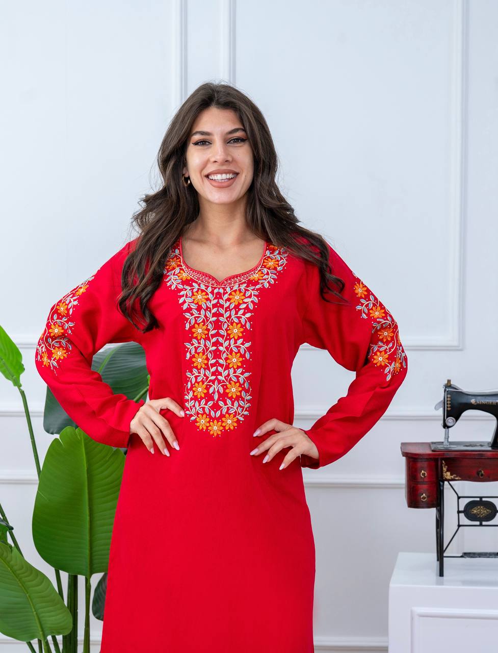 جلابية قطن كتان مطرزة