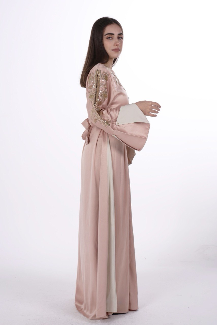 Hand-worked Satin Jalabiya with Contrast Details and Belt