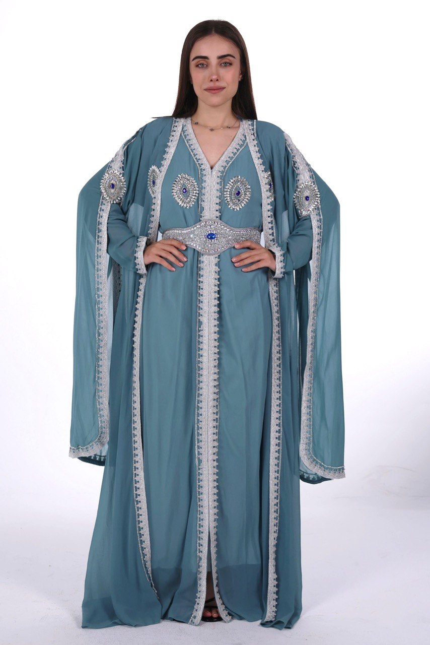 Crystal Embroidered Jalabiya with Long Sleeves and Belt