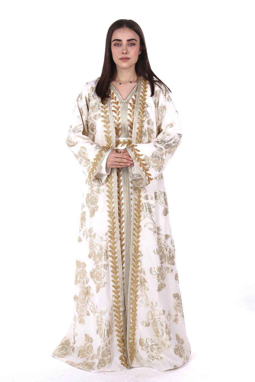 Hand-worked Brocade Satin Kaftan with Belt