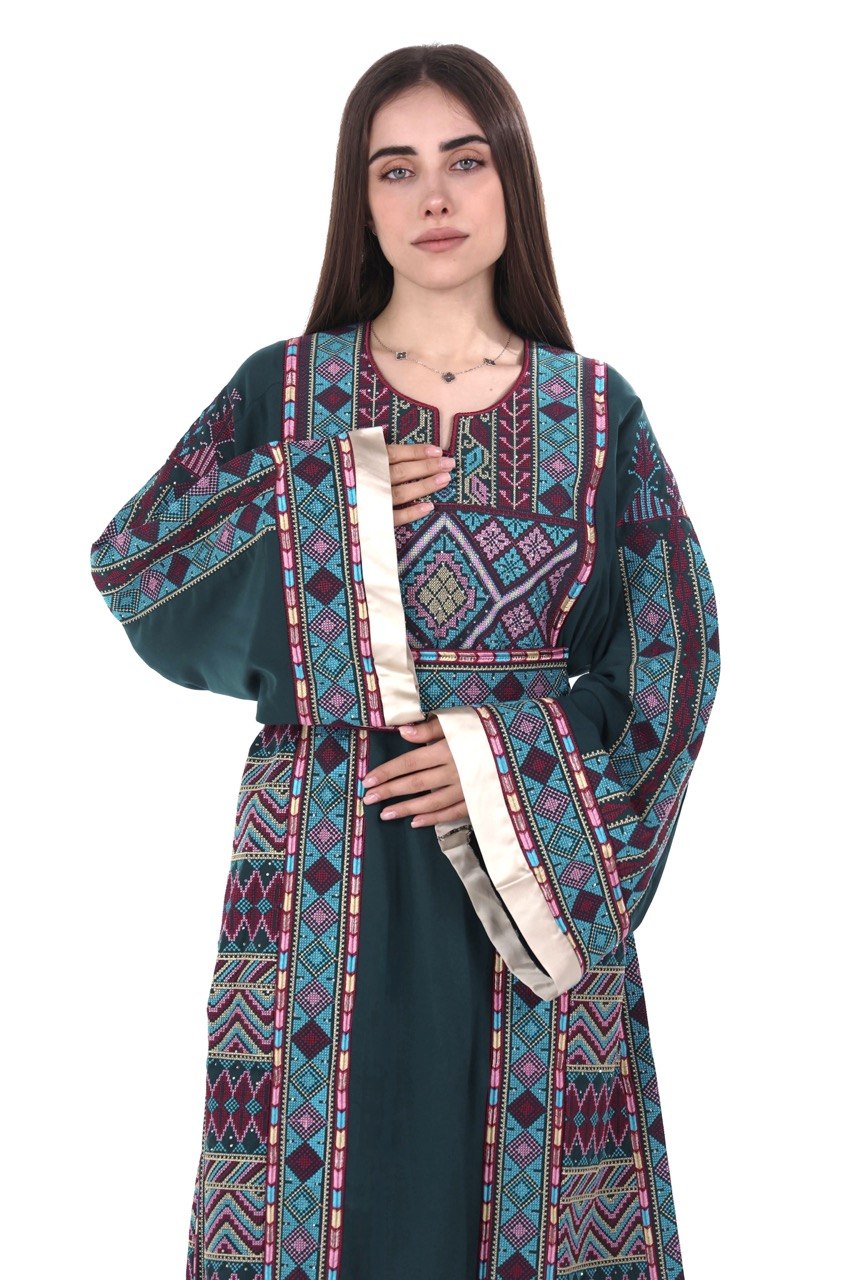 Embroidered Palestinian Linen Thobe with Satin Details