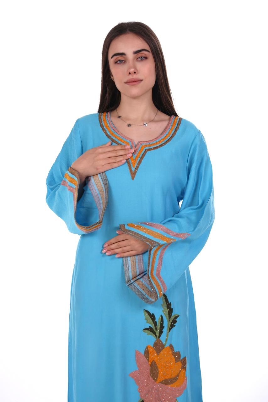 Linen Jalabiya with Artistic Floral Embroidery
