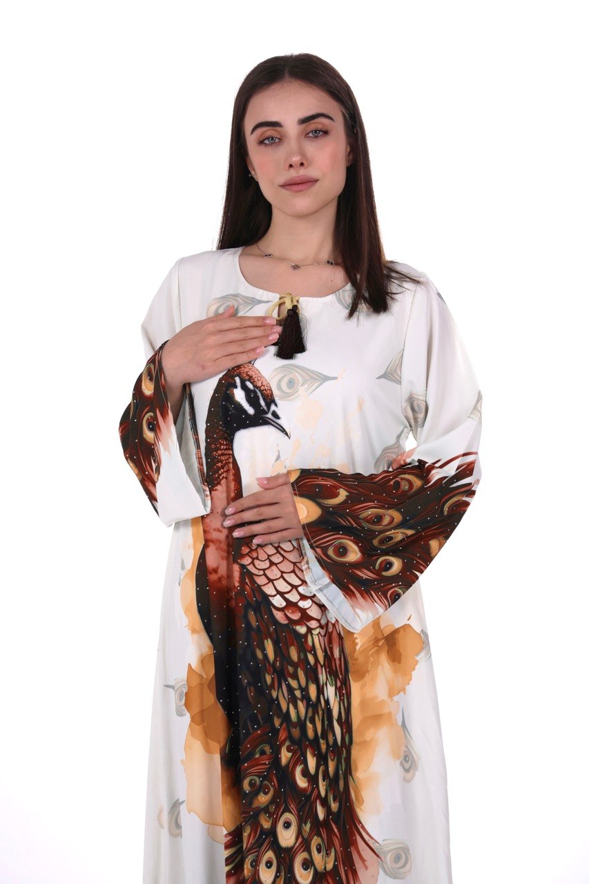 Peacock Print Chiffon Jalabiya – Soft Elegance with an Artistic Touch