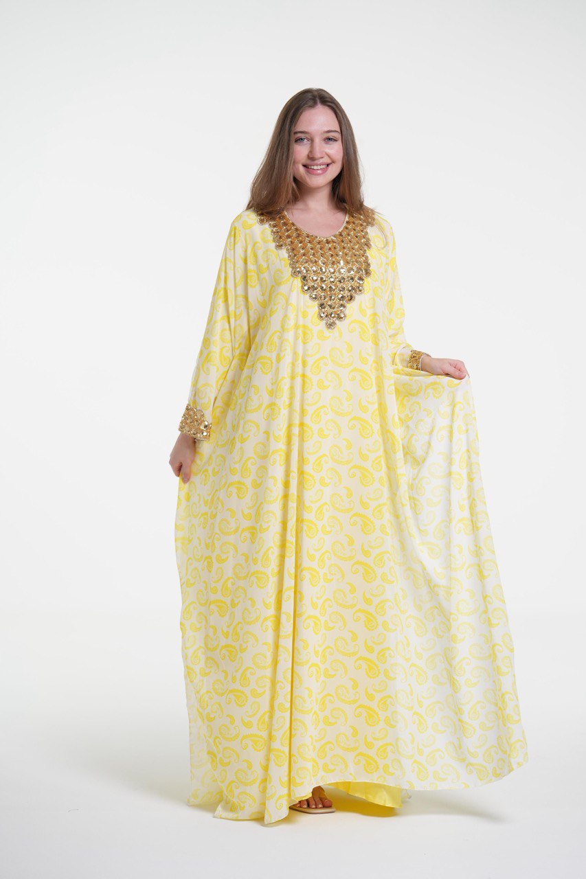 Printed Elegant Kaftan with Golden Embroidery