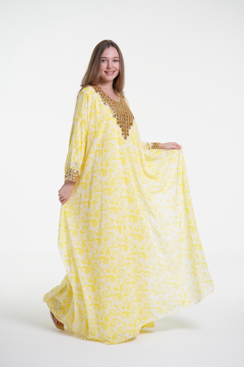 Printed Elegant Kaftan with Golden Embroidery