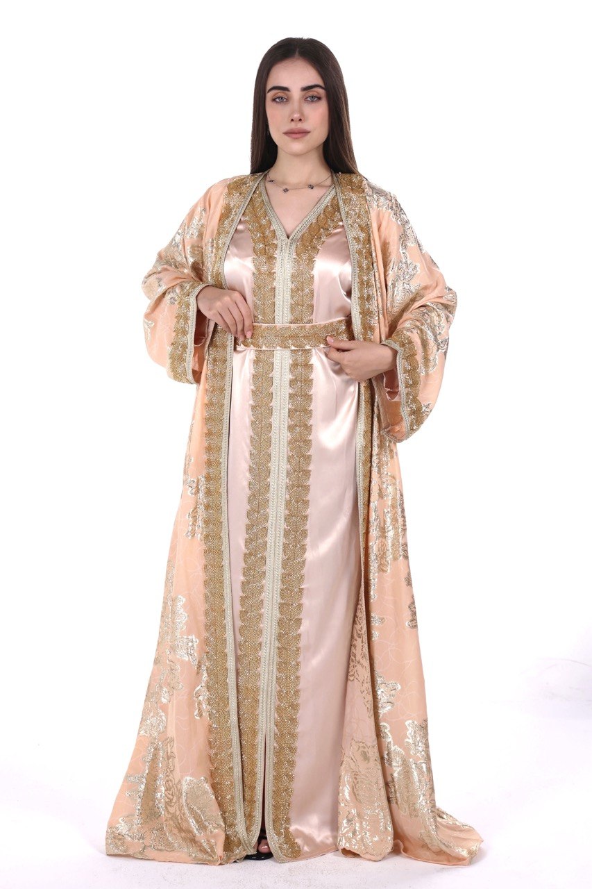 Hand-worked Brocade Satin Kaftan with Belt
