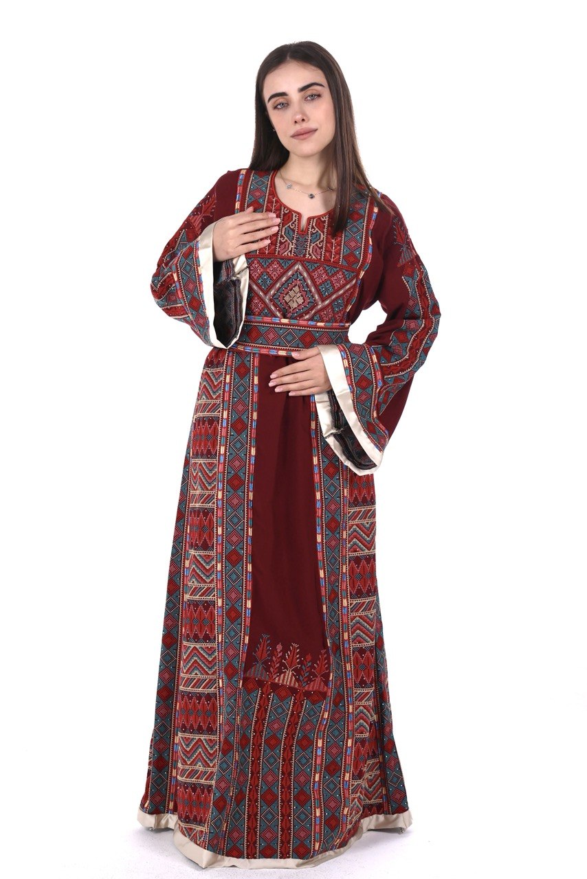 Embroidered Palestinian Linen Thobe with Satin Details